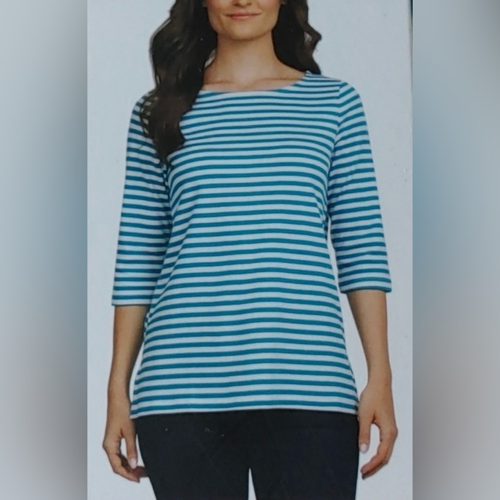 Lands' End Teal and White Striped 3/4 Sleeve Top